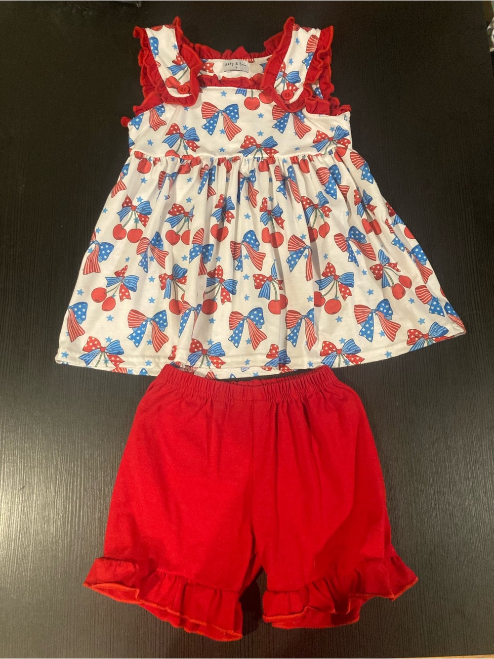 Abby & Evie - Girls Americana Bows & Cherries Ruffled Top and Shorts Set-Size 3